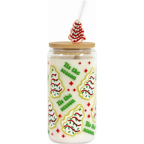 Christmas Gift Glass Cup, Christmas Iced Coffee Tumbler with Festive Holiday Tree Cakes Design, 18oz Reusable Beer Can Drinking Glass for Holiday Tea & Winter Beverages