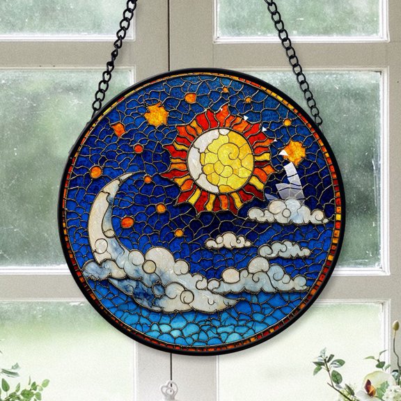 Christmas Gift Idea - Sun Moon Cloud Christmas Stained Glass Hanging Ornament - Gallery-Style Holiday Tree Decor, Gift for Family & Friends, Keepsake 2025