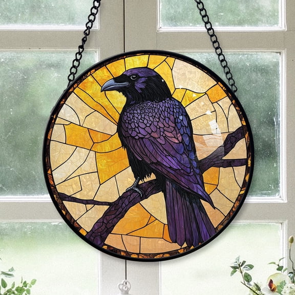 Christmas Gift Ideas - Crow on a Branch Christmas Stained Glass Hanging Ornament - Modern Holiday Tree Decor, Xmas Gift Idea for Family & Friends, 2025 Edition