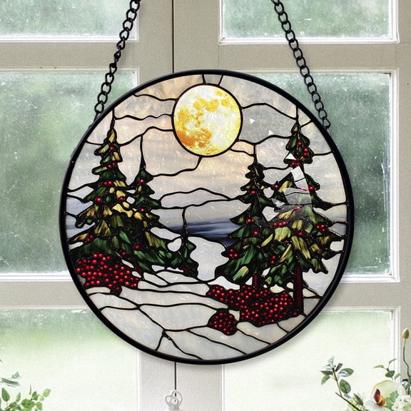 Christmas Gift Ideas - Winter Snow Scene Tree Mountains Christmas Stained Glass Hanging Ornament - Warm Holiday Tree Decoration, Christmas Gift for Mom, Dad, Friends, Family