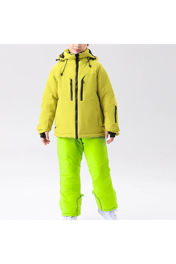 Christmas Gift Kids Ski Jacket & Pants Set Winter Snowboarding Rain Coats Girls Boys Snow Suits Children's Solid Color Ski Suit Windproof Warm Children's Solid Color Skiing Set Green 14 Years(16)