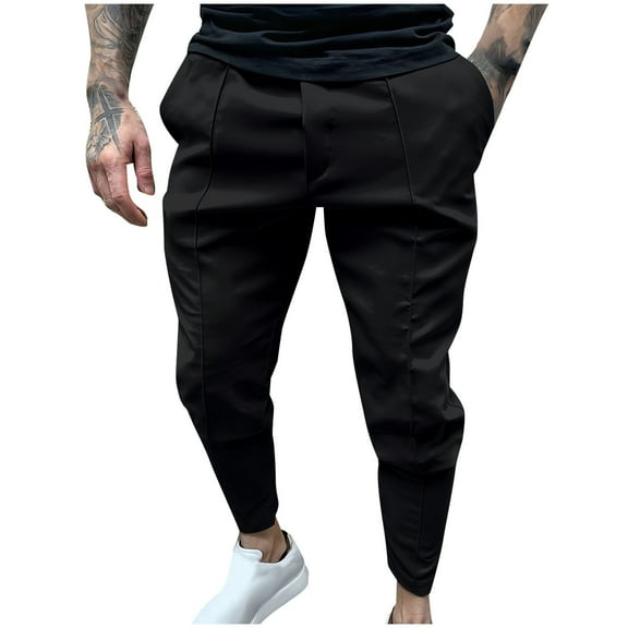 Christmas Gift Ndbuld Men's Casual Cargo Sweatpants Waist Drawstring Joggers Men Elastic Solid Color Zipper Multiple Pockets Foot Binding Elastic Waist Draw Rope Trousers,Black,2XL
