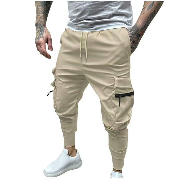 Christmas Gift Ndbuld Men's Casual Cargo Sweatpants Waist Drawstring Joggers Men Elastic Solid Color Zipper Multiple Pockets Foot Binding Elastic Waist Draw Rope Trousers,Khaki,S