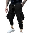 thumbnail image 1 of Christmas Gift Ndbuld Men's Casual Cargo Sweatpants Waist Drawstring Joggers Men Elastic Solid Color Zipper Multiple Pockets Foot Binding Elastic Waist Draw Rope Trousers,Black,XL, 1 of 8