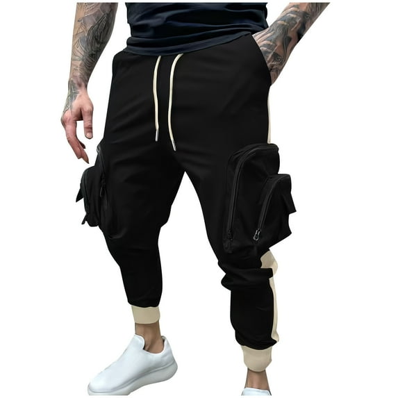 Christmas Gift Ndbuld Men's Casual Cargo Sweatpants Waist Drawstring Joggers Men Elastic Solid Color Zipper Multiple Pockets Foot Binding Elastic Waist Draw Rope Trousers,Black,XL