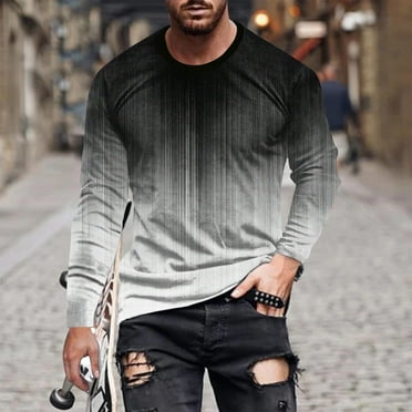 Christmas Gift Ofreoo Men Gradation Casual Round Neck Long Sleeve Pullover Printed T-Shirt Blouse Tops Men Shirts Casual
