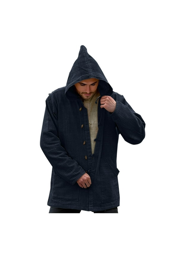 Christmas Gift Ofreoo Men Spring And Fall Solid Pocket Button Hooded Top Casual Coat Mens Waterproof Jacket