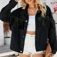 thumbnail image 1 of Christmas Gift Ofreoo Women Fall Winter Wash Tassels Solid Color Long Sleeves Button No Hat Flip Collar Cowboy Coat Tops Winter Jackets for Women, 1 of 7