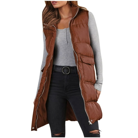 Christmas Gift Ofreoo Women Warm Solid Color Mid-length Padded Pocket Coat Long Jacket Winter Sleeveless Down Parkas Winter Clothes for Women