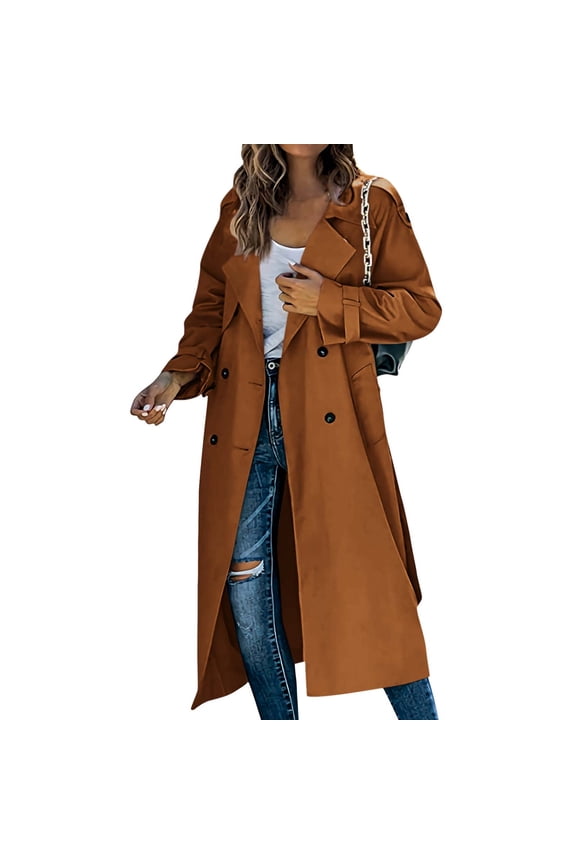 Christmas Gift Ofreoo Women's Long Sleeved Double Breasted Coat Trench Coat Long Sleeved Hoodless Casual Coat/jacket Winter Jackets for Women