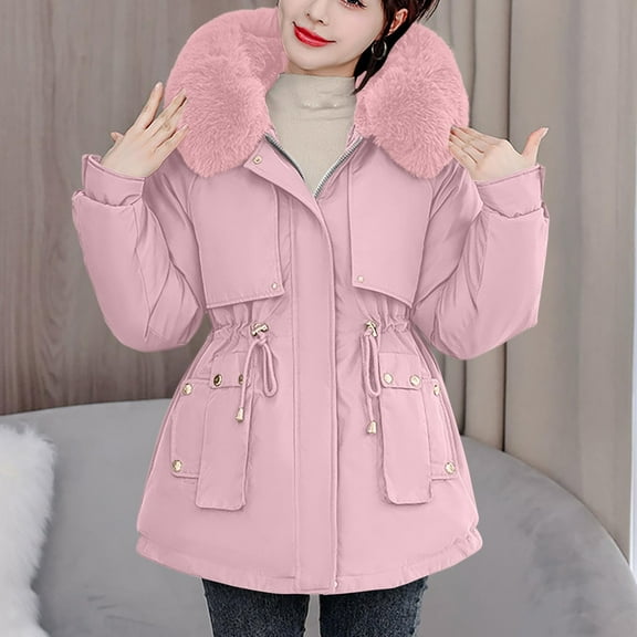 Christmas Gift Ofreoo Women's Winter Casual Loose Fashion Color Pocket Zippered Tops Reversible Long Cotton Coat Winter Coats for Women