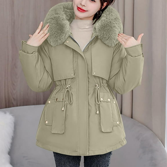 Christmas Gift Ofreoo Women's Winter Casual Loose Fashion Color Pocket Zippered Tops Reversible Long Cotton Coat Winter Coats for Women