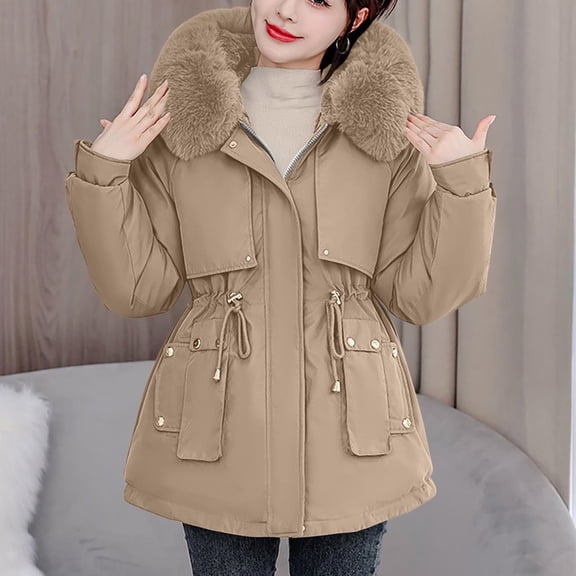 Christmas Gift Ofreoo Women's Winter Casual Loose Fashion Color Pocket Zippered Tops Reversible Long Cotton Coat Winter Coats for Women