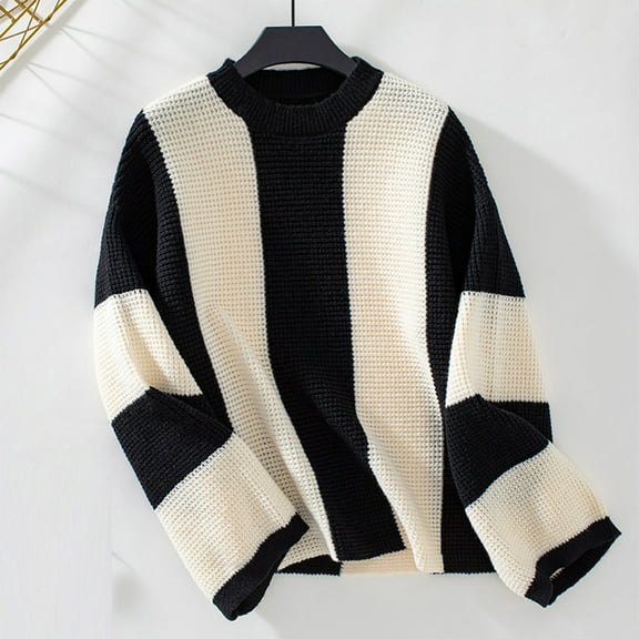 Christmas Gift Ofreoo Women's Winter Loose Striped Knitted Long Sleeve Round Neck Sweater Top Business Casual Outfits for Women