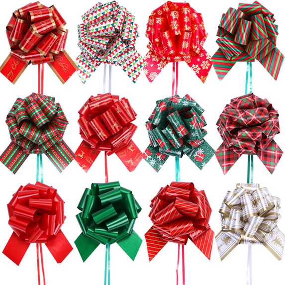 Christmas Gift Pull Bows - 5" Wide, Set of 12, Red, Green, Gold, Stripes, Swirls, Gift Bows, Christmas Presents, Birthday, Boxing Day, Hanukkah, Wreath, Swag, Christmas Tree, Fundraiser