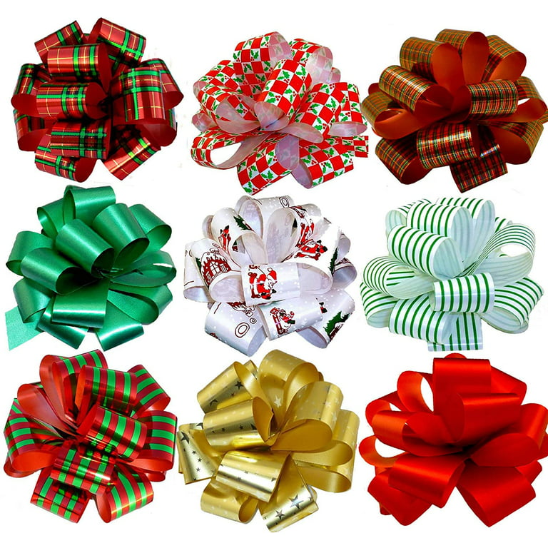 Christmas Gift Pull Bows - 5 inch Wide, Set of 9, Red, Green, Gold, Stripes, Swirls, Other