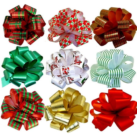 Christmas Gift Pull Bows - 5" Wide, Set of 9, Red, Green, Gold, Stripes