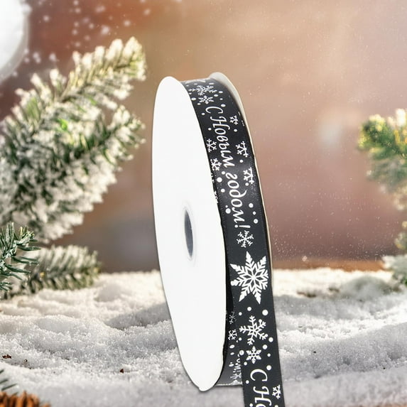 Christmas Gift Ribbon 2cm Wide,Hot Stamping Polyester Ribbon with Snowflake and Holiday Print,Decorative Wrapping for Christmas Presents,Trees,Wreaths,Party Decor,Home,Office Celebration_Black