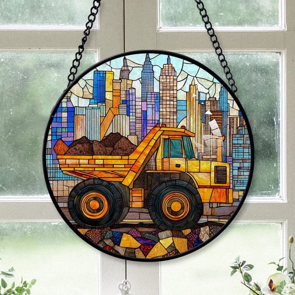 Christmas Gift Set - Construction Truck Christmas Stained Glass Hanging Ornament - Durable Glossy Tree Decor, Xmas Gift for Family & Friends, 2025 Edition