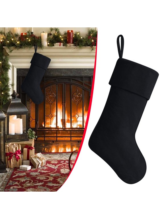 Christmas Gift Stocking, Black Velvet Hanging Sack with Roomy Candy Pocket, Large 19.68 Inch Holiday Mantel Tree Door Decoration