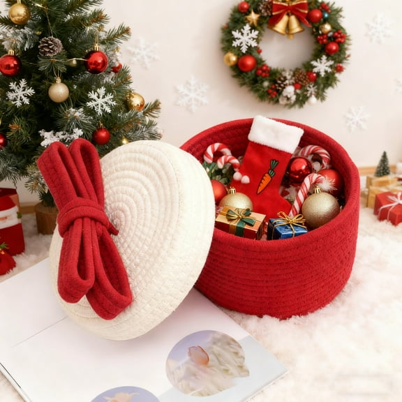 Christmas Gift Storage Basket with Lid, Small Handwoven Cotton Rope Basket with Bow, Desktop Organization Container for Gifts and Essentials, 9x5 Inches Red Holiday Decorative Basket
