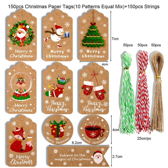 Christmas Gift Tags 150 Count with Untied String Brown Kraft Paper Christmas Tags for Gifts, Christmas Gift Tags with String for Christmas Gift Wrap, Wedding Candy Cookies Sugar Bag