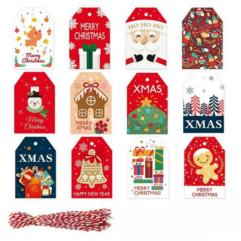 Christmas Gift Tags 48 Count with String, Printed Designs for DIY Xmas  Present Wrap and Label Package Name Card, Red & White String 