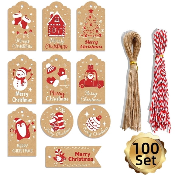 Youersen Christmas Gift Tags Bundle, 100 Pieces with String for Presents and Decor, Kraft