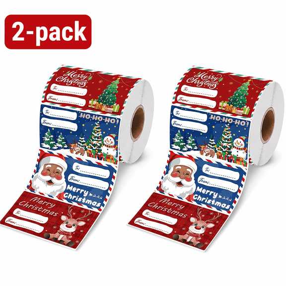 Odenmar Multicolor Christmas Tags, 2 Rolls, 240 Labels per Roll, 2.95 x 1.6 in Self-Adhesive Holiday Name Labels for Gifts