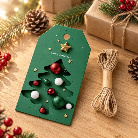 Christmas Gift Tags With String, 50 Pcs Green Rustic Paper Hanging Labels, Pre Punched Hole Xmas Present Hang Tags, Holiday Gift Wrapping Paper Tags, Christmas Ornament Name Tags For Xmas Party Decor