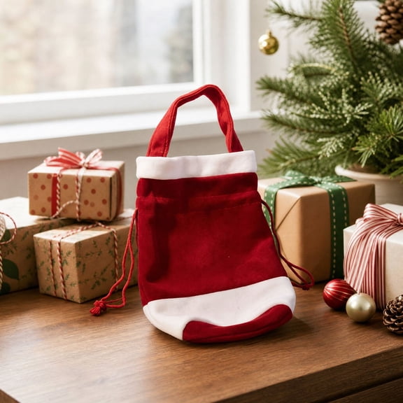 Christmas Gift Tote Bag Drawstring Pouch Santa Stocking Style, Festive Red Velvet Gift Bag with Handle for Holiday Gifts, Reusable Christmas Drawstring Bag for Candy Toys and Party Favors