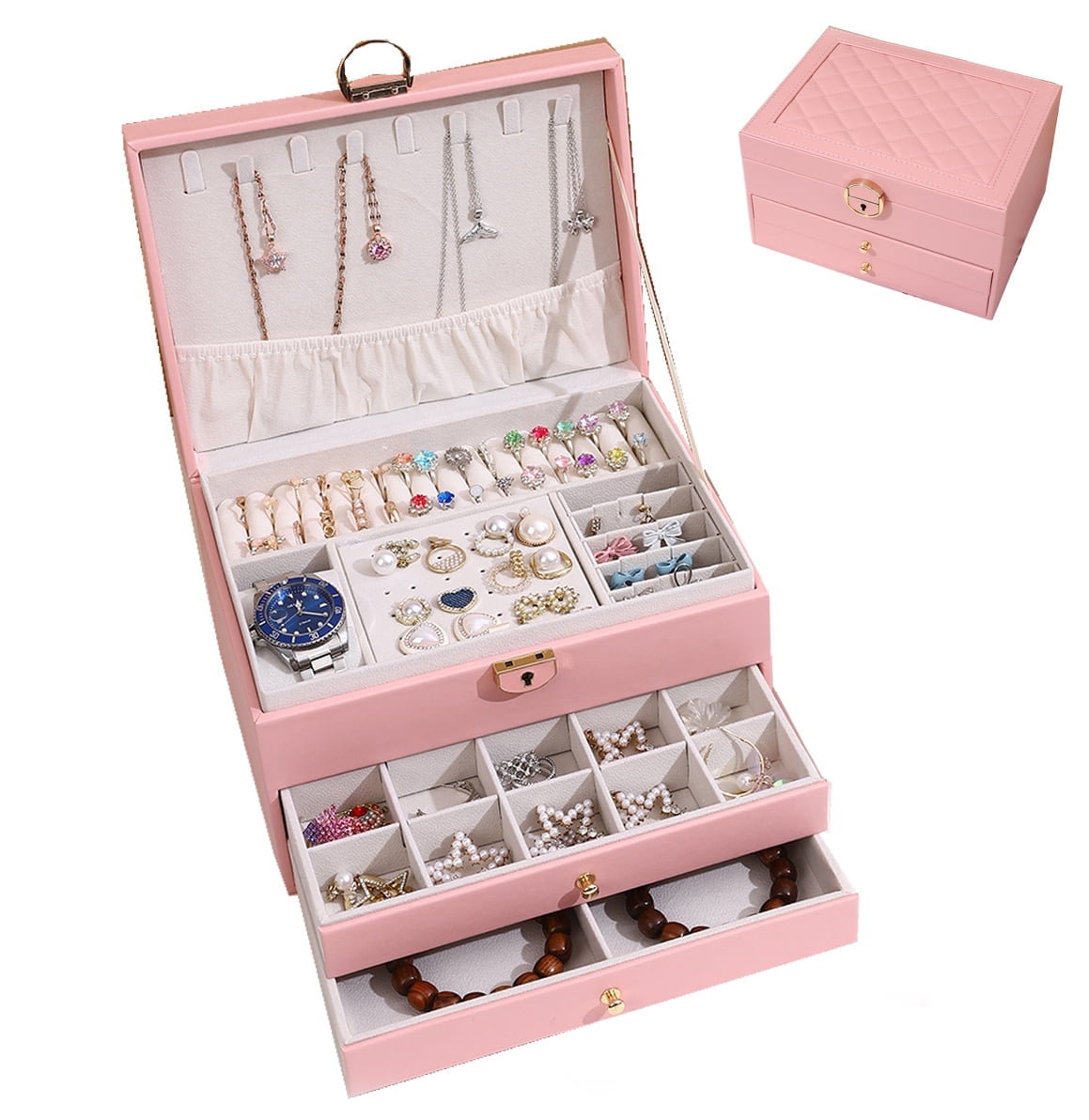 Christmas Gift for Women,Large Jewelry Box for Women Girls, 3 Layer Large Jewelry Boxes & Organizers, PU Leather Jewlwey Display Holder with Removable Tray for Earrings Rings Bracelets,Pink