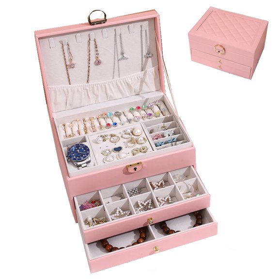 Christmas Gift for Women,Large Jewelry Box for Women Girls, 3 Layer Large Jewelry Boxes & Organizers, PU Leather Jewlwey Display Holder with Removable Tray for Earrings Rings Bracelets,Pink