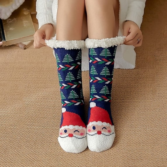 Christmas Gift ! Women'S Winter Warm Fleece-Lined Slipper Socks, Non-Slip Gripper Socks with Soft Fluffy Lining, Cozy Fuzzy Socks for Home, Blue Santa Claus