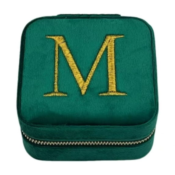 Christmas Gift for Women - Stocking Stuffers, Plush Velvet Travel Jewelry Case Organizer, Small Jewelry Box Custom, Birthday Gift for Women Her, Personalized Gifts - Letter M, Green
