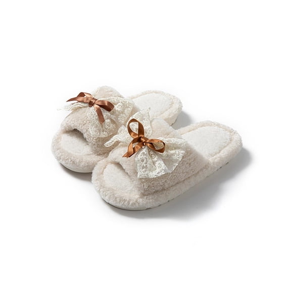 Christmas Gift Womens Slippers Soft Plush Warm House Shoes Women's Fashion Casual Home Indoor And Outdoor Solid Color Bow Slippers Plus Velvet Warm Slippers Beige 38