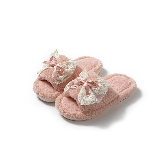 Christmas Gift Womens Slippers Soft Plush Warm House Shoes Women's Fashion Casual Home Indoor And Outdoor Solid Color Bow Slippers Plus Velvet Warm Slippers Pink 36