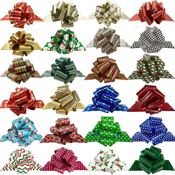 40mm Xmas Gift Wrap Bows Ribbon, 24Pcs 24 Patterns
