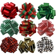 Christmas Gift Wrap Pull Bows - 5" Wide, Set of 9, Metallic Red, Green, Gold, Stripes, Plaid, Buffalo Check, Ribbons for Christmas Presents, Wreaths, Swags, Giftwrapping