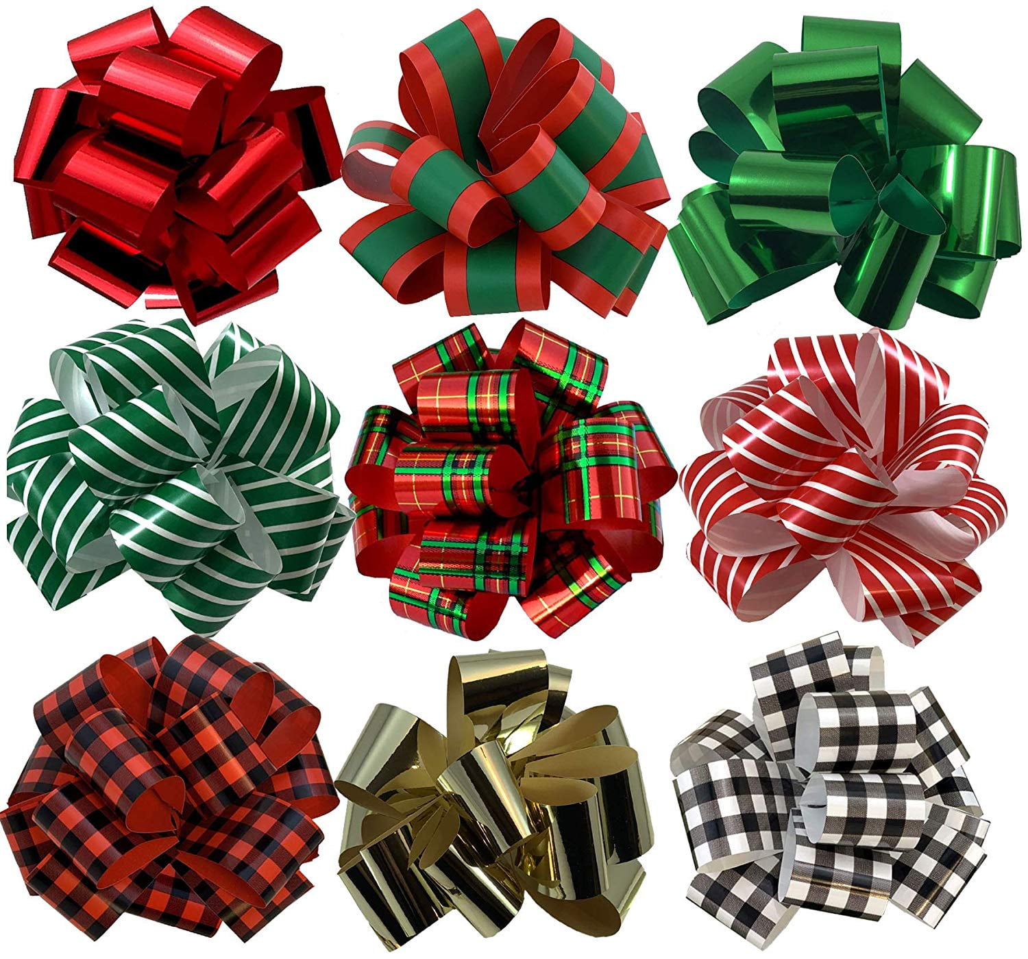 Christmas Gift Wrap Pull Bows - 5 inch Wide, Set of 9, Metallic Red, Green, Gold, Stripes, Plaid, Buffalo Check, Ribbons for Christmas Presents