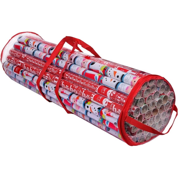 Christmas Gift Wrap Storage Bag, Clear Organizer Fits Up to 24 Rolls 40 Inch, Heavy Duty PVC Bag with Handles and Zippered Top for Wrapping Paper and Ribbons (Red trimming)