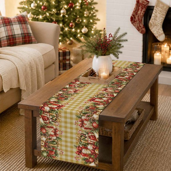 Christmas Gift Wrapped Presents Table Runner 13x36in Non-Slip Cotton Linen Table Runners, Yellow White Plaid Dresser Scarves TableRunner for Dinner Kitchen Dining Wedding Party