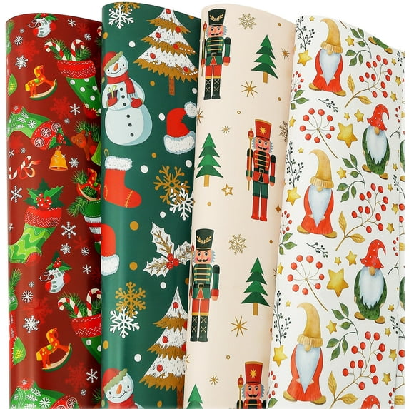 Christmas Gift Wrapping Paper 8 Large Sheet Holiday Xmas Wrapping Paper for Kids Boys Girls Women Men Gift Wrap Santa, Gnomes, Snowman, Stocking, Character