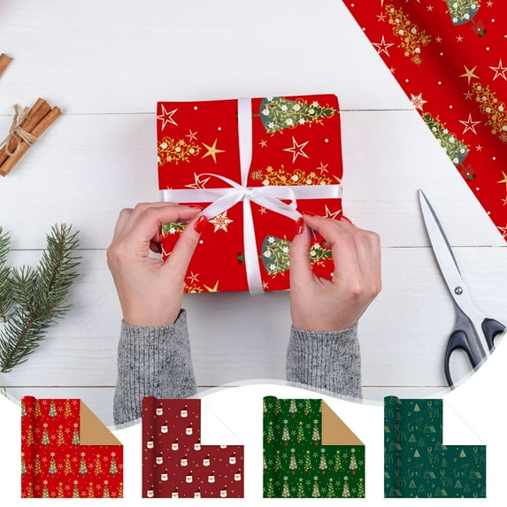 Christmas Gift Wrapping Paper, Gift Boxes for Children Christmas Tree Gift Pile Bouquet Vintage Kraft Handmade Wrapping Paper