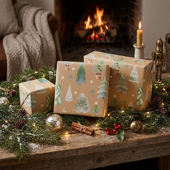 Christmas Gift Wrapping Paper Roll, 17 Inch x 118 Inch Brown Wrapping Paper for Gifting Christmas Winter Holiday Party Supplies, Pine (W)