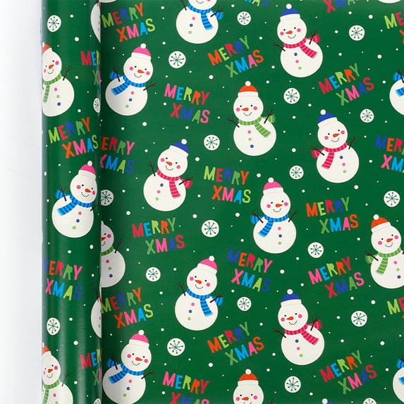Christmas Gift Wrapping Paper Roll, 17 Inch x 118 Inch Green Wrapping Paper for Gifting Christmas Winter Holiday Party Supplies, Snowman (K)