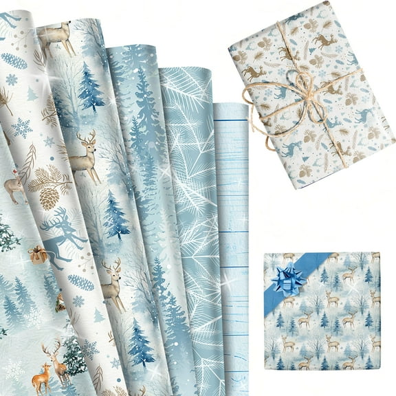 Christmas Gift Wrapping Paper Set - Winter Forest Theme, 12 Sheets 6 Designs