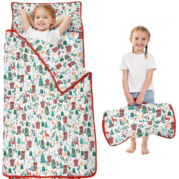 Christmas Gift and Deer Pattern Toddler Nap Mats for Kids Preschool,51"x22" Sleeping Mat Bag or Kids,Toddler Sleeping Bag,Toddler Nap Mat or Daycare