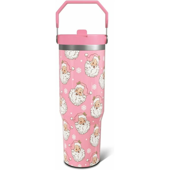 Christmas Gifts 30oz Tumbler Gifts for Women Men, Pastel Xmas Santa Claus Stainless Steel Insulated Cup, Top Handle and Flip Straw Water Bottle Mug Holiday Gift Ideal