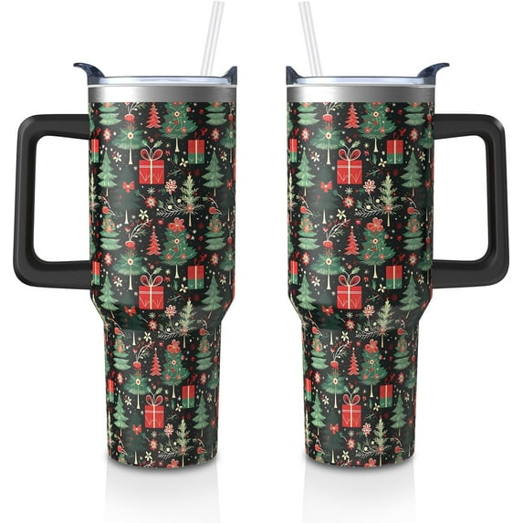 Christmas Gifts 40 Oz Tumbler with Handle and Straw, Green Xmas Tree Stainless Steel Double Walled Vacuum Insulated Cup, Retro Holiday Gifts for Women Men